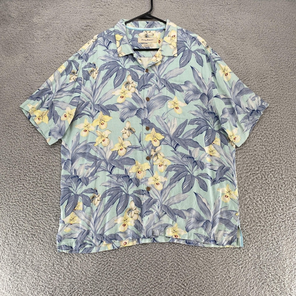 Tommy Bahama Camp Shirt Mens XL Blue Silk Hawaiian Orchid Short Sleeve Aloha